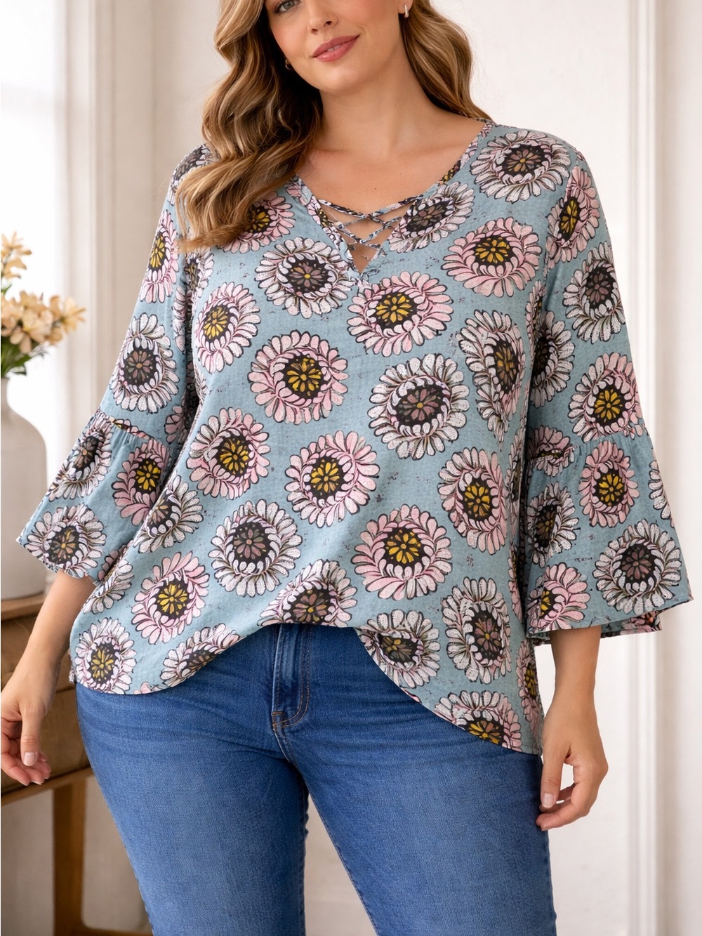 LOFT Blue Floral Lace-Up V-Neck Top
